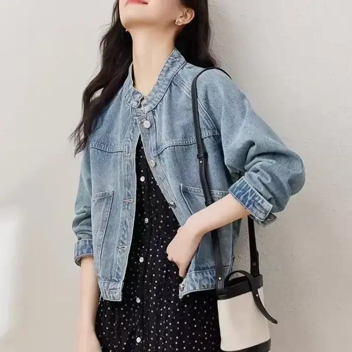 Veste en jean coréenne unie pour femme, manteau de cowboy, col montant, vêtements d'extérieur, nouveautés, chic et élégant, créateur Harajuku