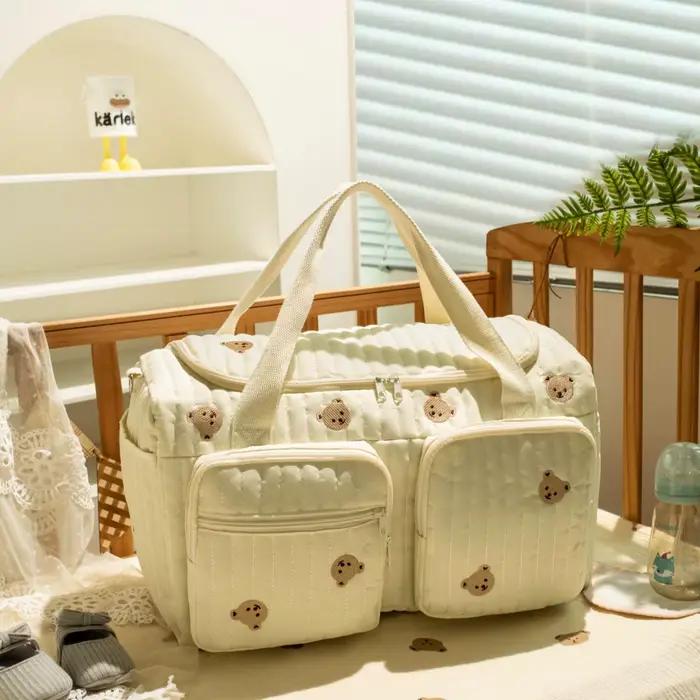 Sac à couches pour bébé, sac à main à motif de broderie de fleurs d'ours mignon, sac pour maman, tis