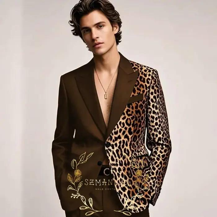 Costumes noirs formels homme imprimé léopard revers à pointe coupe cintrée veste 2 pièces pantalon mariage smoking vêtements masculins occasions spéciales