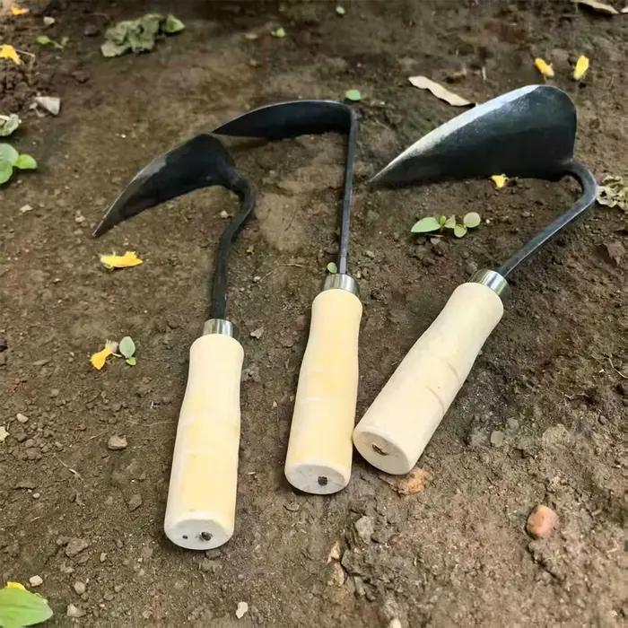 Petite houe de jardin artisanale avec lame incurvée en acier au carbone et manche en bois robuste pour plantation désherbage et ameublissement du sol jardins familiaux potagers et plantes en pot