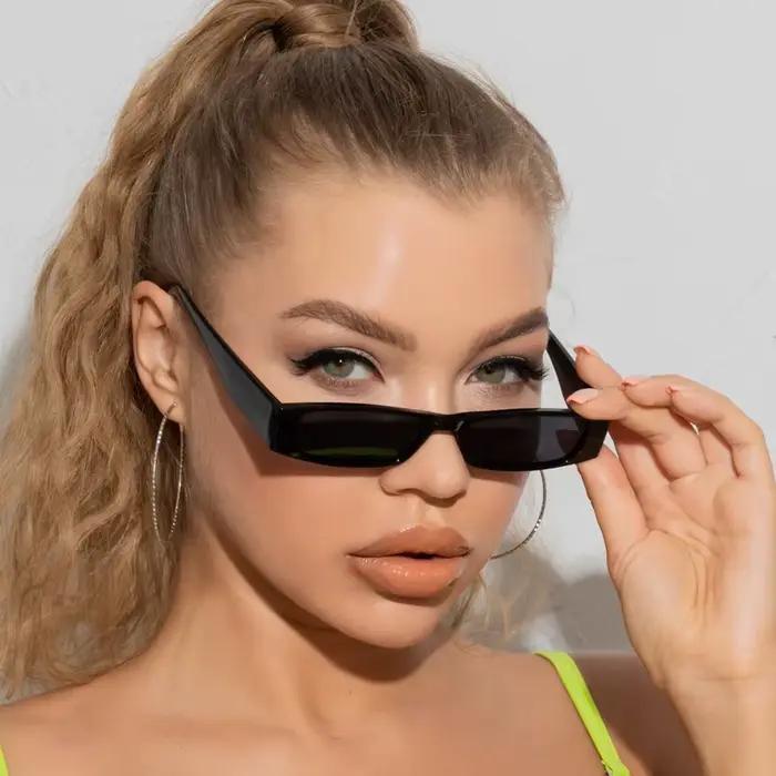 Lunettes de soleil rectangulaires fines femme - Monture narrow frame designer noir tendance UV400