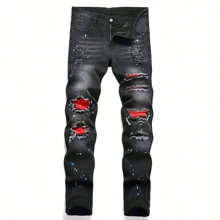 Jean en Denim extensible et Slim pour hommes, pantalon décontracté déchiré, trou Patchwork, coupe ci