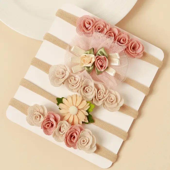 5 pièces rose dentelle Simulation fleurs cheveux accessoires pour nouveau-né fille épissage bandeau