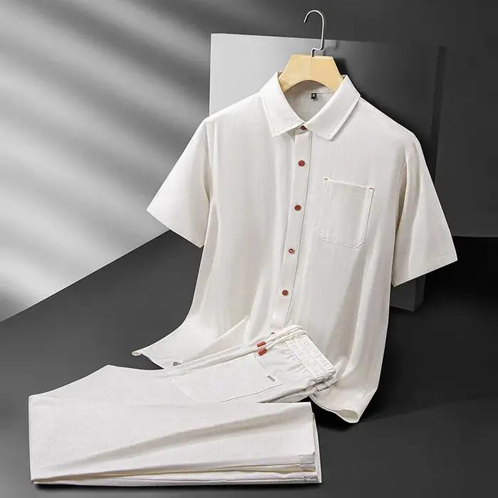 Ensembles d'été de luxe Minglu en Lyocell pour hommes – Chemises unies à manches courtes et boutonnage simple