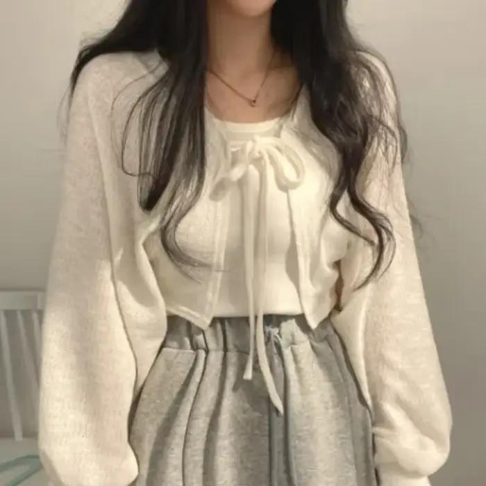 Cardigan blanc fin pour femmes, protection solaire d'été, tricot à lacets, hauts pour dames, Style c
