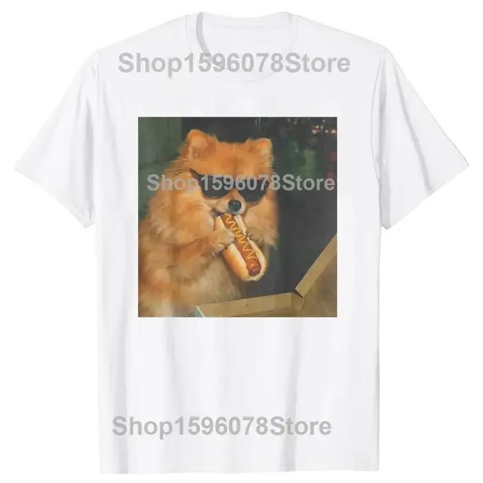 T-shirt à manches courtes pour hommes et femmes, 100% coton, avec image de chien Pomeranian mangeant