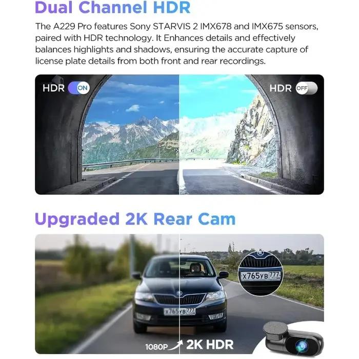 STARVIS 2-Caméra de Tableau de Bord A229 Pro 4K HDR pour Touriste, Avant et Arrière, 2 Canaux avec H