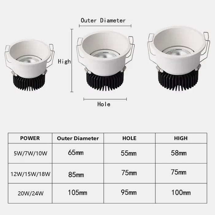 Downlight encastré Anti-éblouissement à intensité variable 7w 9w 12w 15w, projecteur Led rond de pla