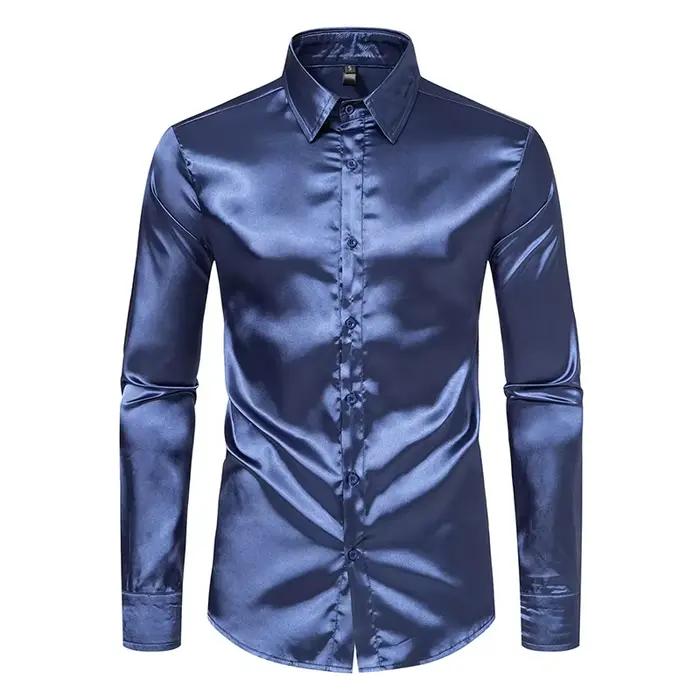 Chemises de luxe en Satin noir pour hommes, chemise de smoking lisse en soie, couleur unie, pour fêt