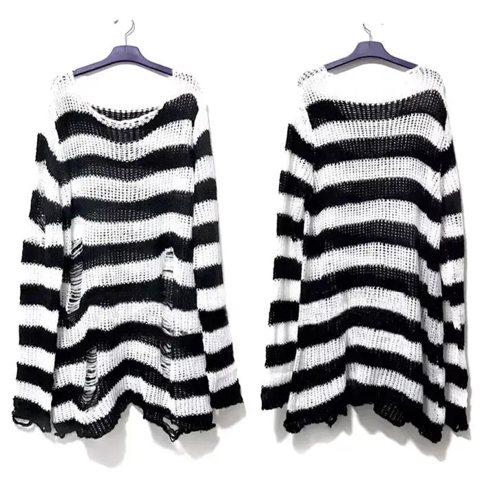 Nouveau Streetwear haut Punk gothique Long unisexe pull été femmes rayé Cool trou creux cassé pull a