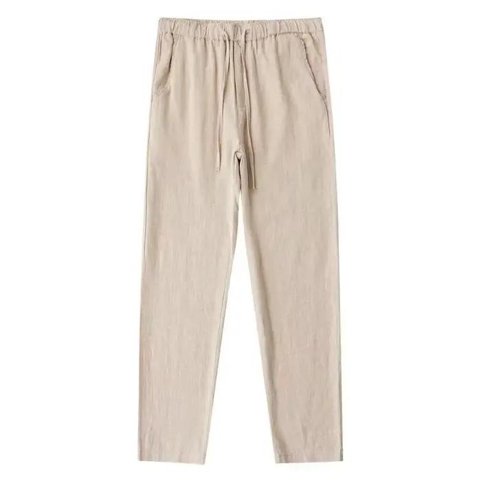Pantalon en coton et lin pour homme, respirant, couleur unie, Fitness, Streetwear, dos avec poche, n