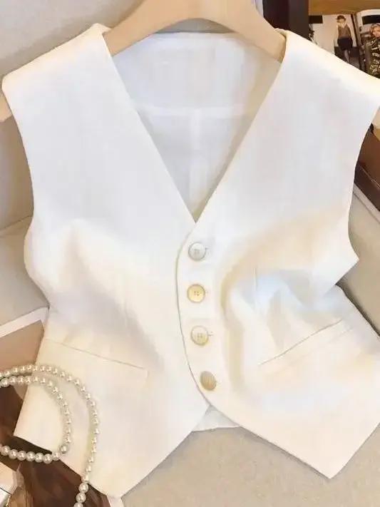 Gilet français en lin blanc à col en v pour femme, nouvelle mode d'été, costume haut de gamme sans manches, taille chic, haut de tempérament amincissant.