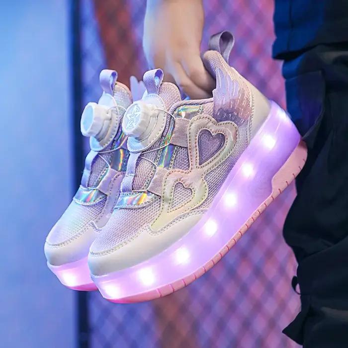 Chaussures Led en cuir respirant pour enfants et adolescents baskets dextre à la mode avec poulie design géométrique confort et sécurité pour les patineurs jeunes aventuriers