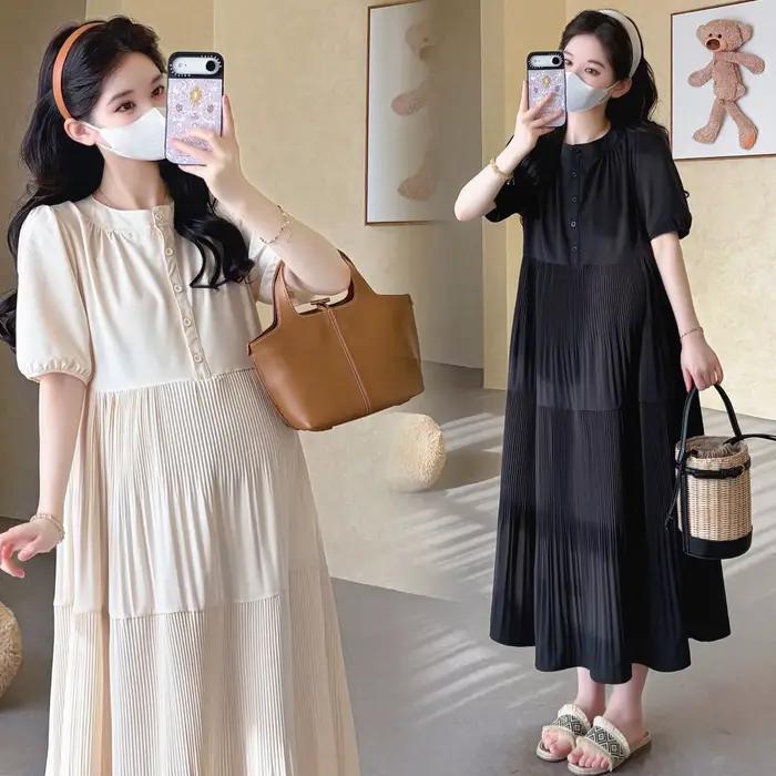 Robe de plage en mousseline de soie pour femmes enceintes, vêtements pour femmes enceintes, manches longues, col carré, grande taille, bleu, printemps