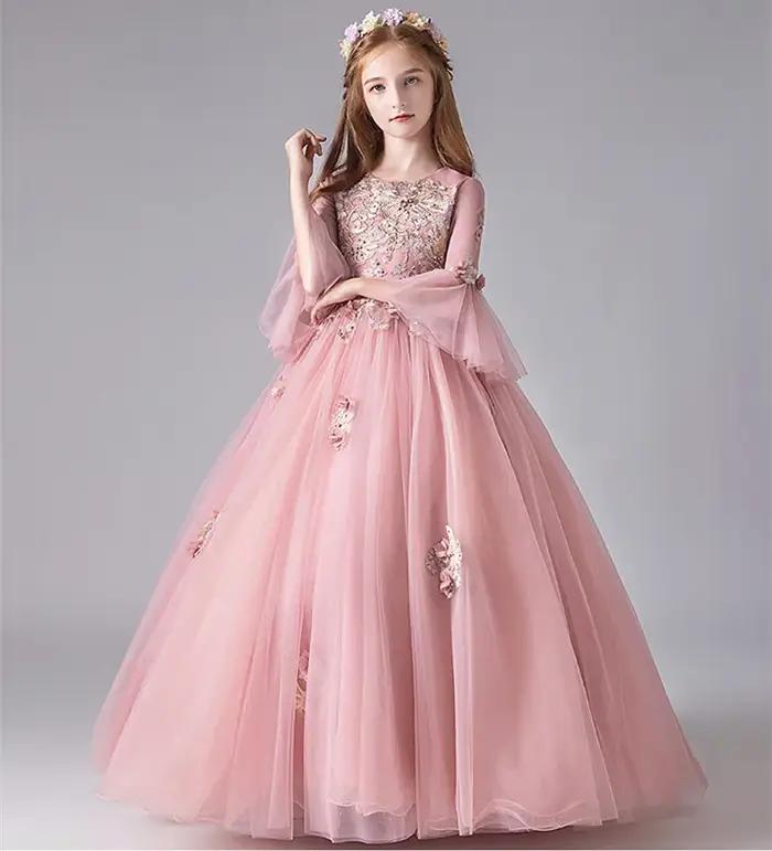 Robe de Demoiselle d'Honneur en Dentelle Rose pour Enfant, Tenue de Princesse à Manches Évasées, de