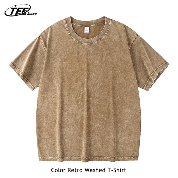 Couple lavé rétro 230g coton robuste à manches courtes T-shirts polyvalent pour hommes femmes été couleur unie T-shirt