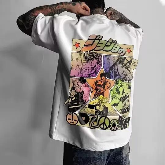 T-shirt ample et décontracté en coton 100%, design anime JoJo, polyvalent pour hommes et femmes, idéal pour les fans de JoJo, les conventions de manga et les sorties décontractées