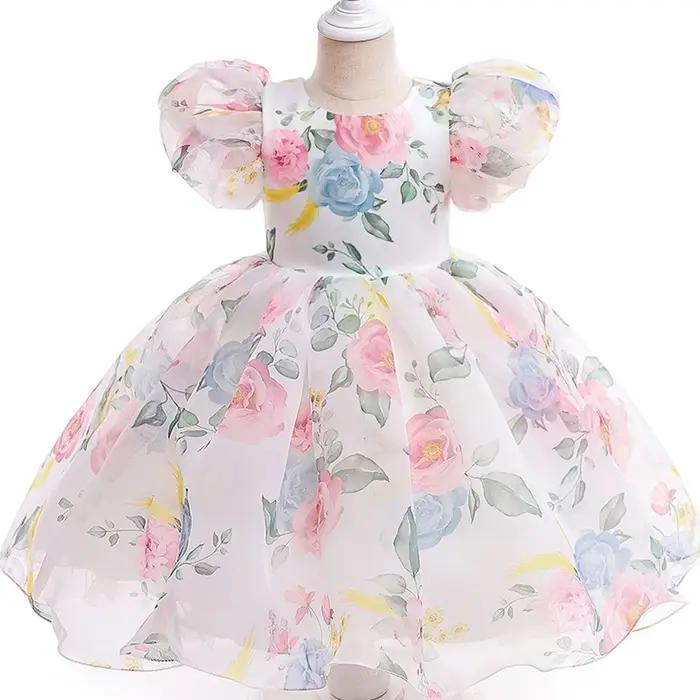 Robe de Bal Princesse Floral Imprimé Pour Filles Occasions Spéciales Blanc Mignon Manches Bouffantes Silhouette Élégante