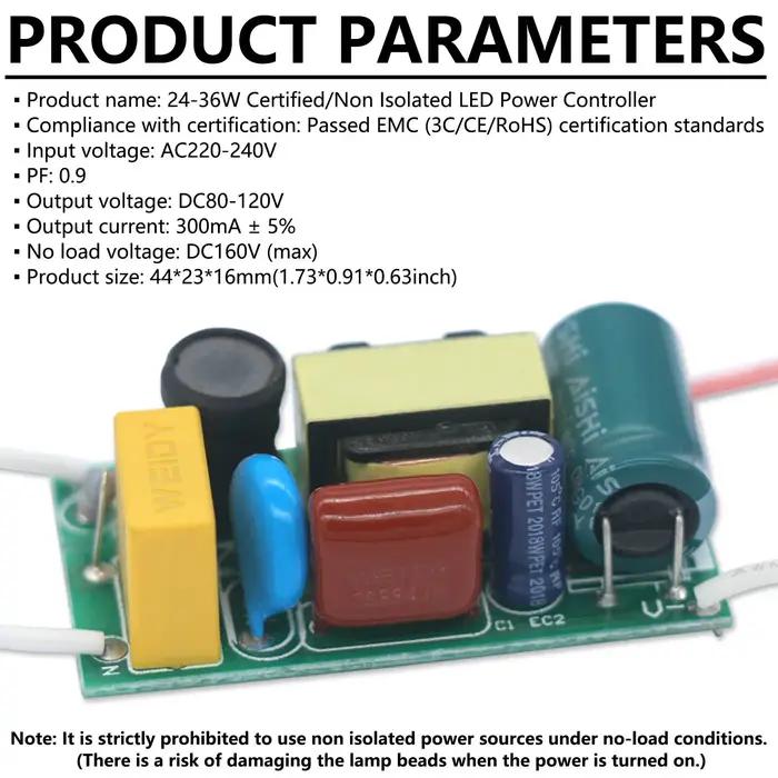 Contrôleur de puissance LED Non isolé 24-36W, pilote LED DC80-120V AC220-240V, alimentation 300mA, t