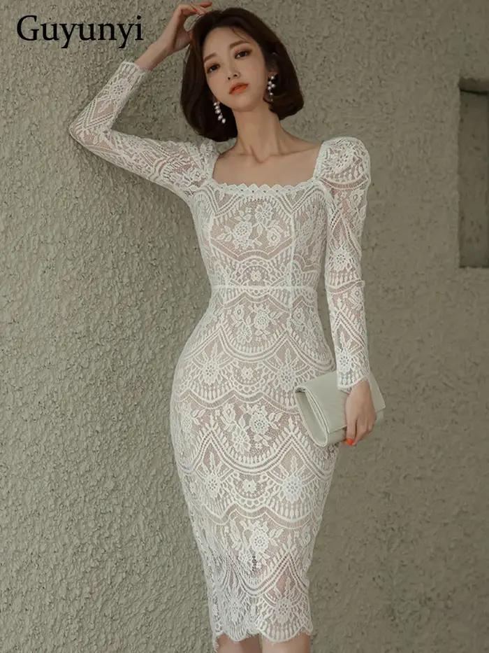 Robe élégante en dentelle à col carré pour femmes, manches longues, gaine taille haute, robes de bur