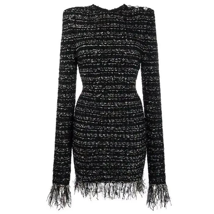 S-XL haute qualité mode nouvelle rayure élastique tweed tissu col rond manches longues frange dentelle mince robe décont