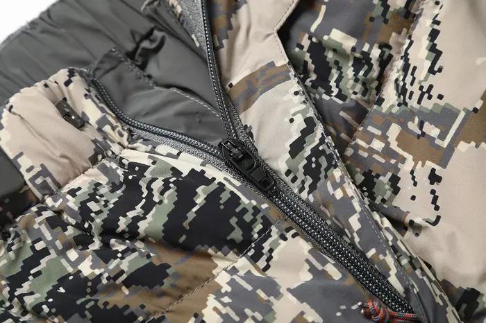 Pantalon long en duvet de canard 90%, camouflage, taille élastique, doublure en nylon et spandex, pour chasse et randonnée hivernale, confort et discrétion garantis