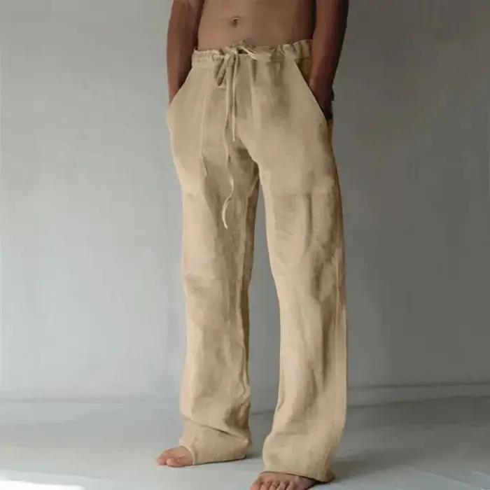 Pantalon Long en coton et lin pour hommes, couleur unie, respirant, décontracté, taille élastique, H