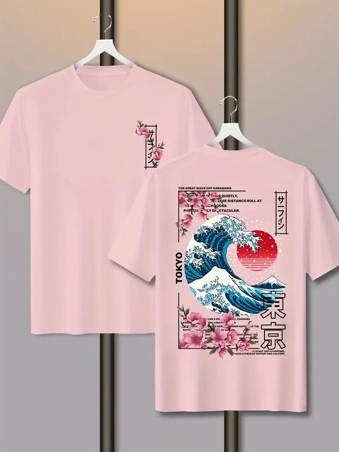 Homme décontracté Tokyo île coucher de soleil vague imprimé 100% coton T-shirt à manches courtes été respirant rue tenda