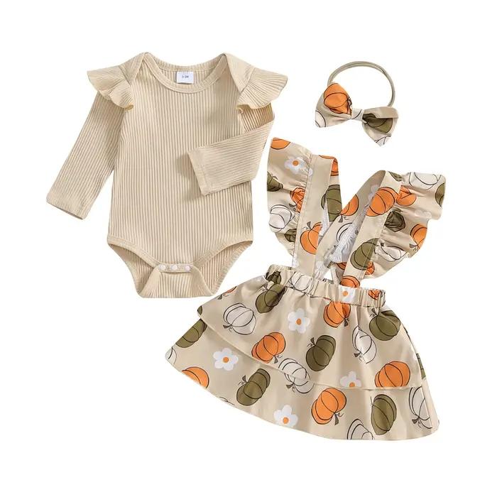 Barboteuse à manches longues et jupe à volants pour bébé fille, ensembles de vêtements d'automne 3 p