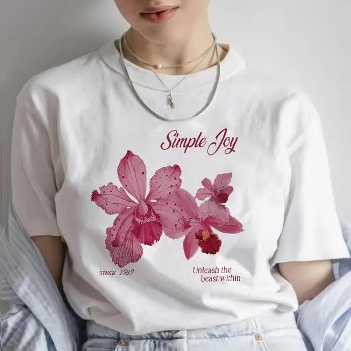 T-shirt vintage à imprimé floral décontracté pour femmes, années 90, manches courtes, polyester, été