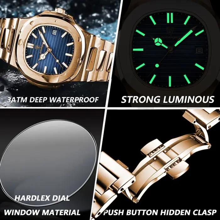 Montre homme carrée POEDAGAR quartz étanche date lumineuse - Acier inoxydable luxe affaires