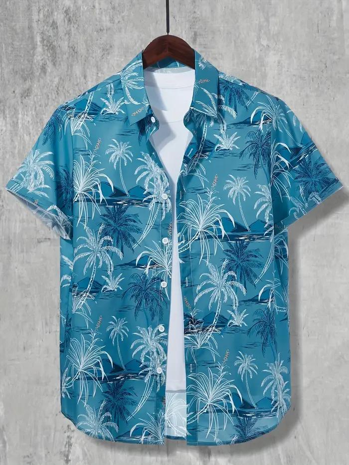 Chemise hawaïenne imprimée cocotier, chemise décontractée à manches courtes boutonnée pour hommes po