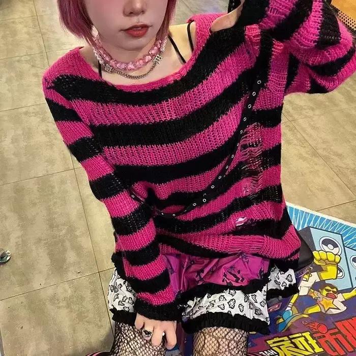 Nouveau Streetwear haut Punk gothique Long unisexe pull été femmes rayé Cool trou creux cassé pull a