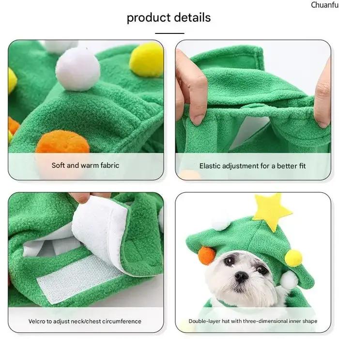 Costume de Noël pour animaux de compagnie, tenue festive chaude et réglable pour chiens et chats, avec capuche double couche, boules colorées et fermetures à velcro, pour occasions spéciales et réunions familiales