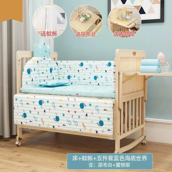 Berceau intelligent réglable en 3 étapes avec roues pour enfant 0-6 ans, lit de bascule et lit multifonctionnel en bois de pin, espace de rangement intégré pour jeux et apprentissage