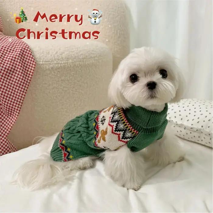 Noël rouge vert renne col haut pull doux pour chien chiot vêtements d'hiver