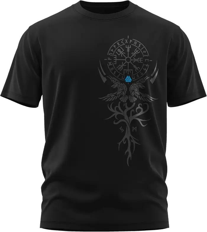 T-shirt manches courtes col rond 100% coton pour homme, décontracté, style nordique, Odin Ravens Valknut Symdazers Compass Vegvisir Rune, été