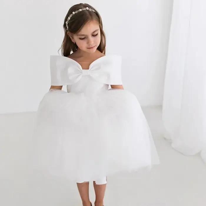 Robe tutu princesse avec nœuds pour filles, décolleté sans épaules, élégante en voile et polyester, pour mariage, anniversaire et occasions spéciales