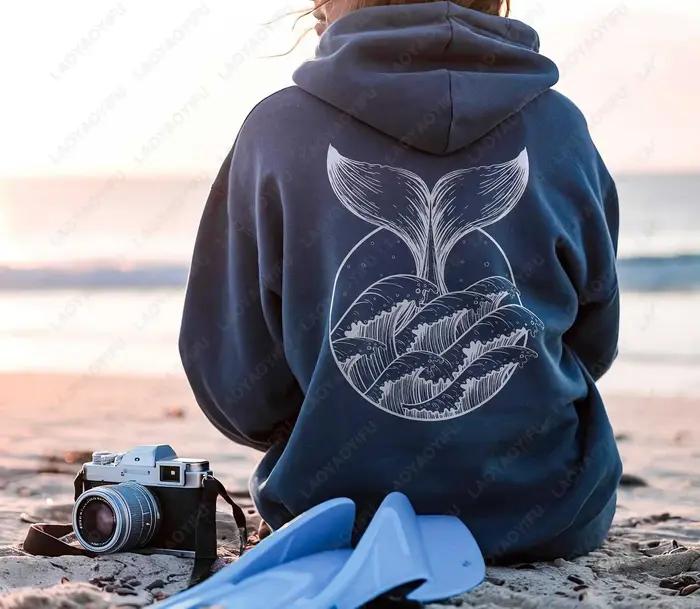 Baleine poisson vie marine pull à capuche pour les amoureux de l'océan hommes femmes cadeau plongée noix de coco plage fille automne mode sweat cadeaux