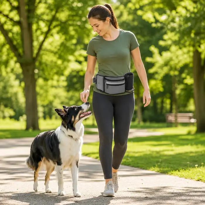 Sac banane pour dressage de chien avec distributeur de sacs à déjections et porte-bouteille d'eau, réglable pour promenade et formation, sac de taille unisexe en polyester pour chiens et propriétaires