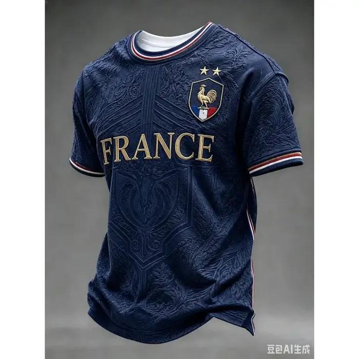 Maillot de football de l'équipe nationale de France, t-shirt respirant à séchage rapide imprimé en 3D avec emblème du coq gallic doré à deux étoiles