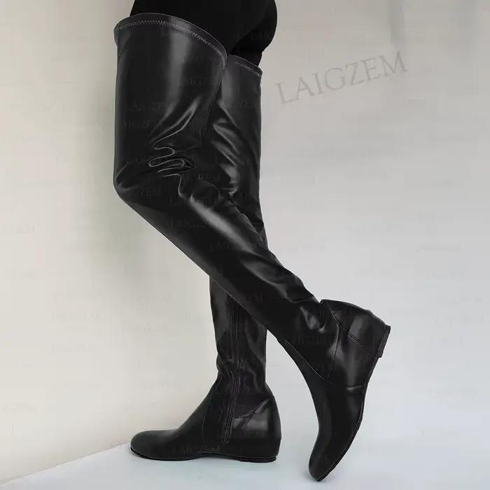 LAIGZEM femmes cuissardes en Faux cuir bout rond fermeture éclair latérale mi talons cachés bottes d