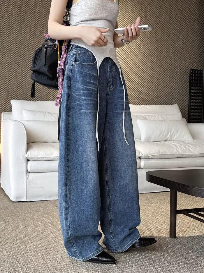 Nouveau jean délavé coupe ample taille haute style rétro américain tendance printemps/été pour femme