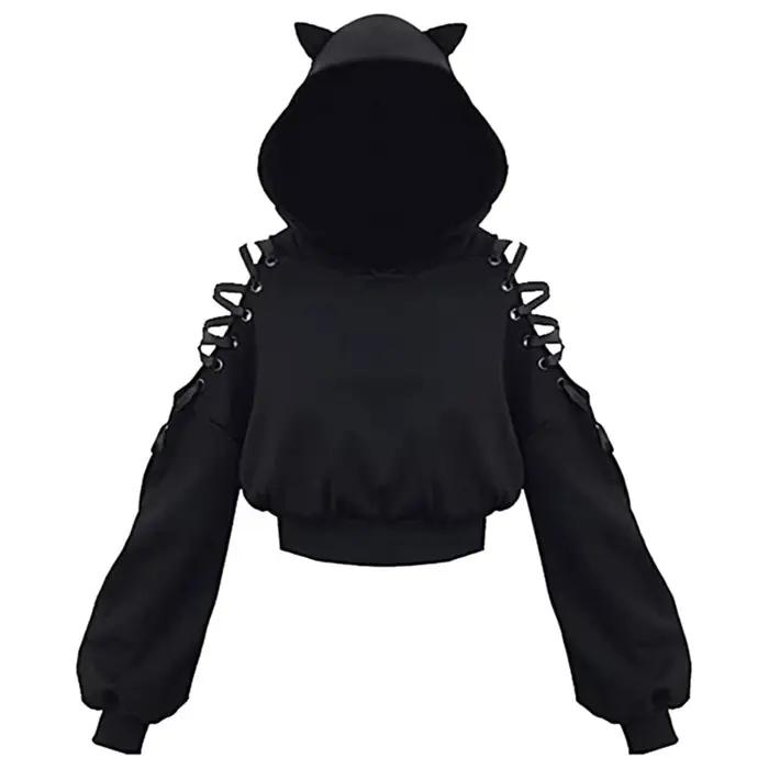 Y2k gothique femmes à capuche chat oreille haut court sweat à capuche évider à lacets à manches long