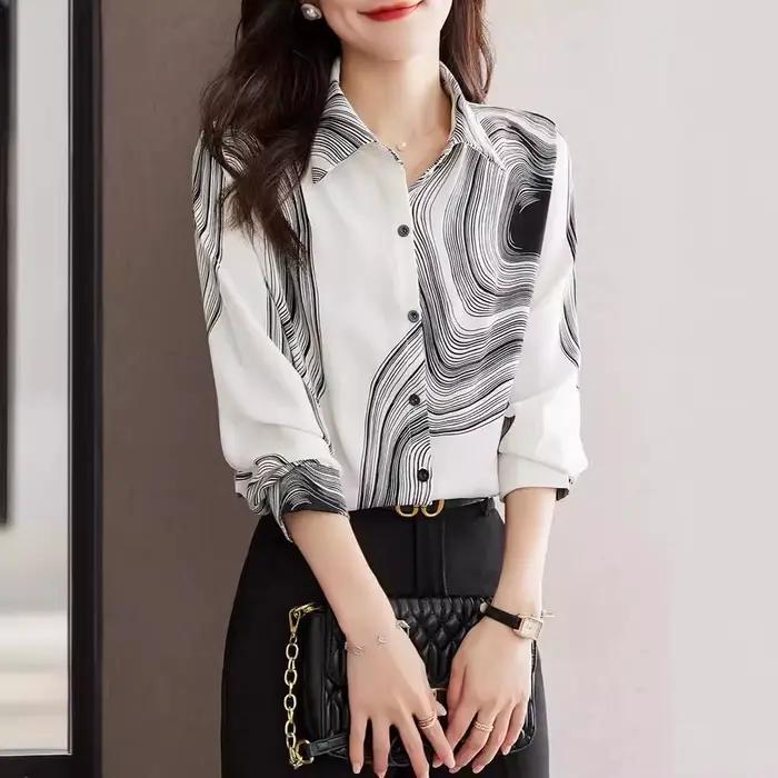Vêtements de printemps pour femmes, nouveau Design, Niche imprimée en mousseline de soie, petite chemise à la mode, haut à manches longues, 2025