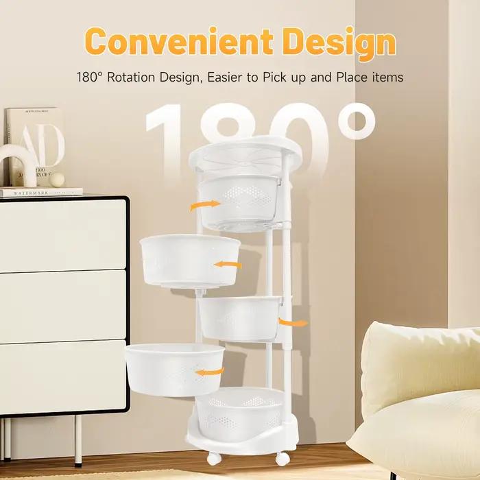 Mir de Rangement de Cuisine Multifonctionnel à 5 Niveaux, Blanc, Rotatif, à Roulettes, pour Légumes