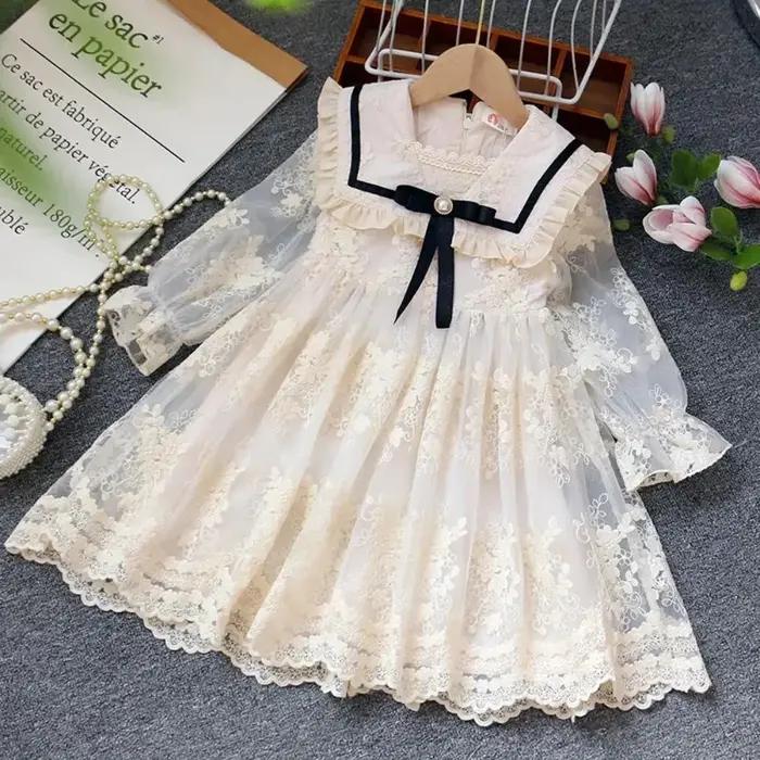 Robe Coréenne à Fleurs Beige Pour Filles Avec Nœud En Dentelle Manches Longues Décoration Pour Adolescentes Et Filles Occasions Spéciales
