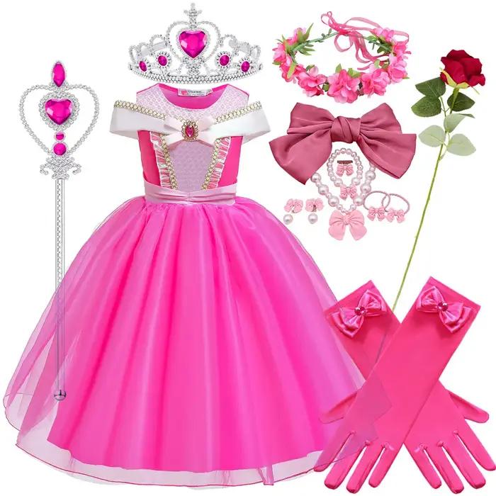 Robe de princesse rose aurore à manches courtes pour filles