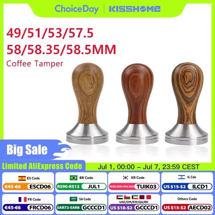 Doseur à café avec manche en bois massif et base en acier inoxydable pour barista espresso, diverses tailles et couleurs disponibles pour professionnels et amateurs