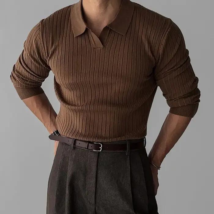 Polo de luxe en Jacquard tricoté pour hommes col en V couleur unie manches longues populaire coréen tricot de loisirs nouvelle collection automne 2025